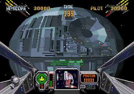 Video game cockpit view with HUD elements and character portrait. Star Wars 32X CrebbaTECH: RETROVERSE