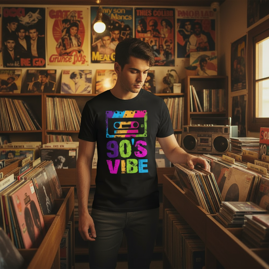 90s record store with vinyl and cassettes