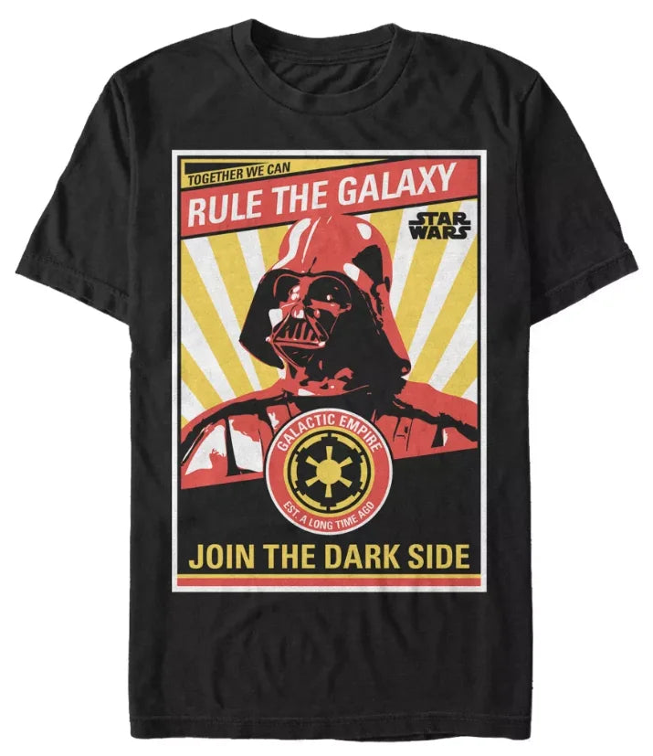 Black t-shirt with Darth Vader graphic and 'Rule the Galaxy' text on a white background