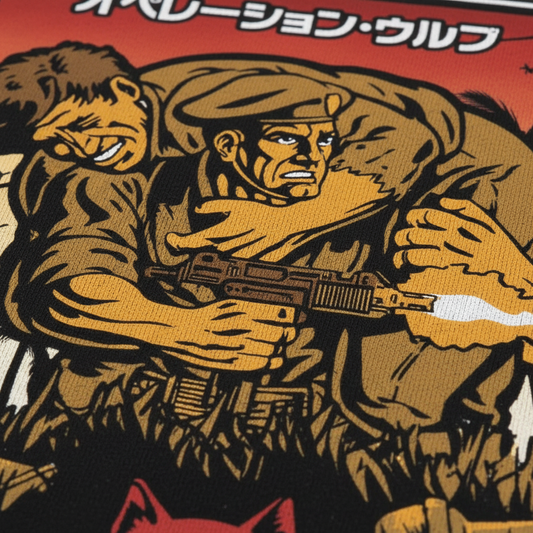 Close-up detail of Operation Wolf t-shirt