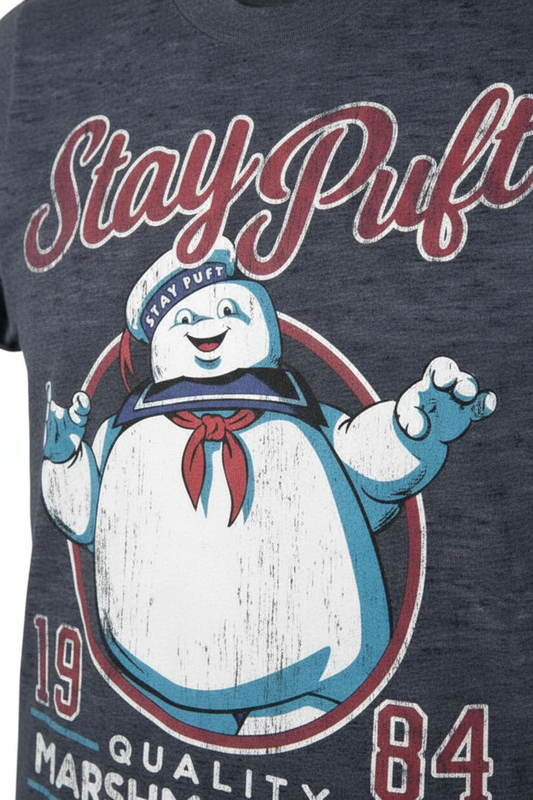Close-up detail of Stay Puft Marshmallow Man t-shirt graphic