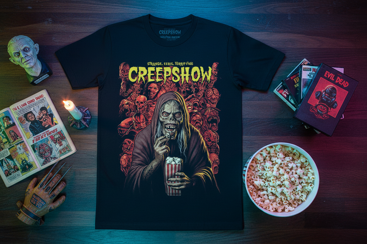 Creepshow t-shirt flat lay with retro horror items