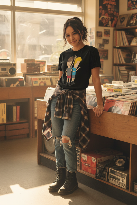 Female model in record store setting