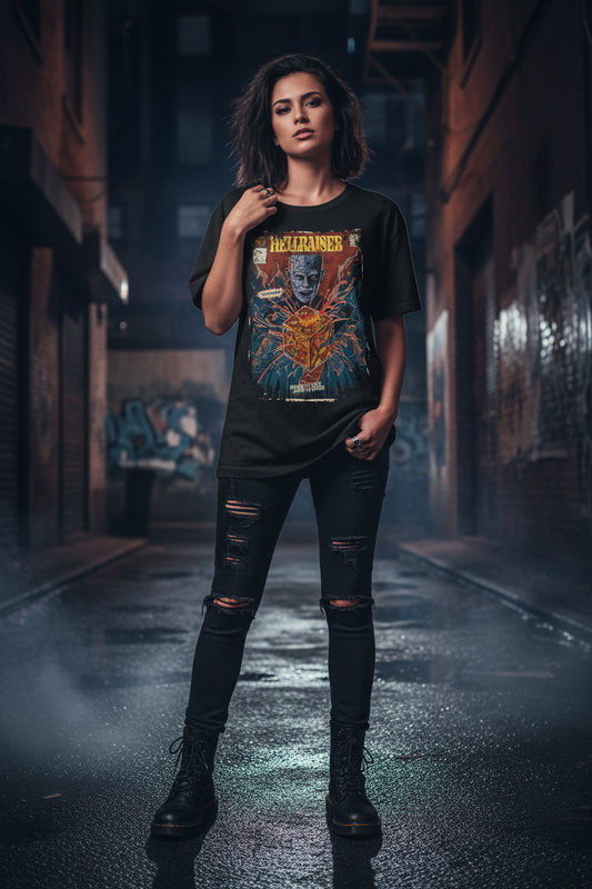 Female model wearing Hellraiser Pinhead t-shirt