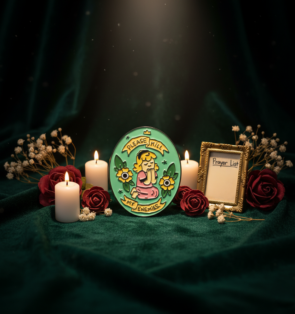 'Please Kill My Enemies' Funny Cute Praying Girl Enamel Pin - Flower Badge Brooch Jewelry
