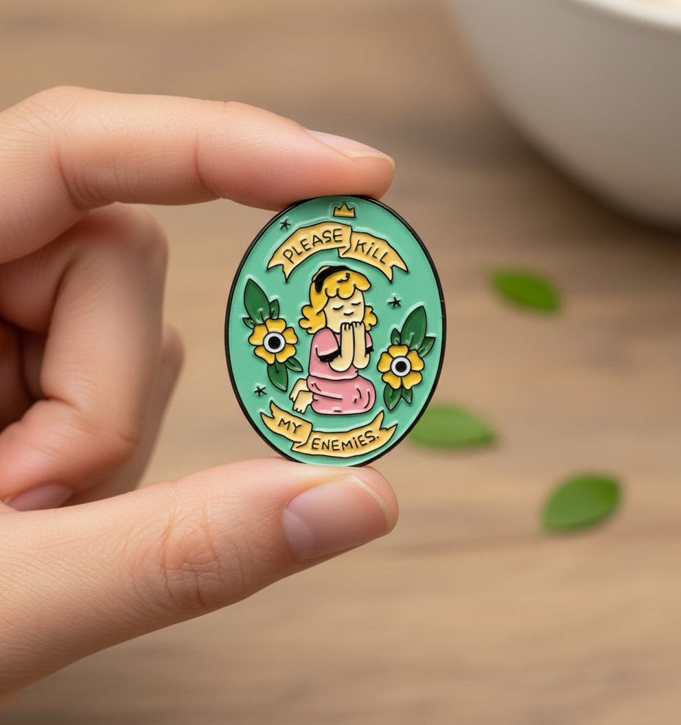 'Please Kill My Enemies' Funny Cute Praying Girl Enamel Pin - Flower Badge Brooch Jewelry