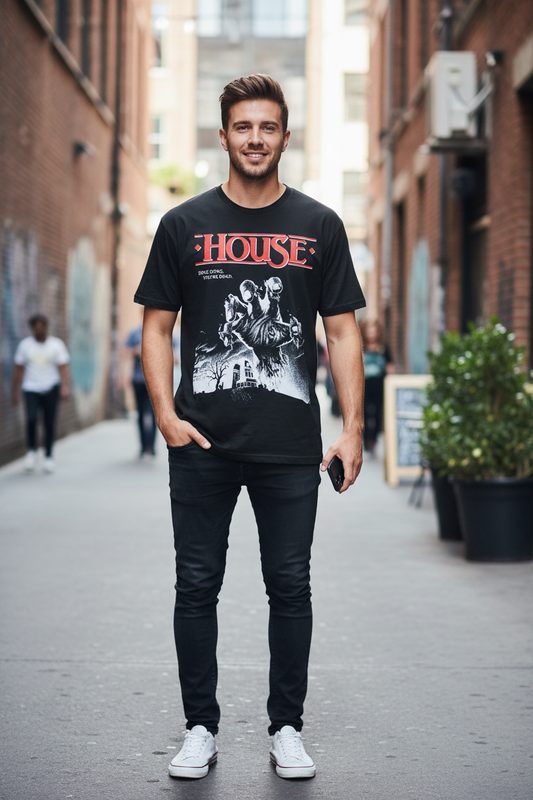Male model wearing House 1985 t-shirt