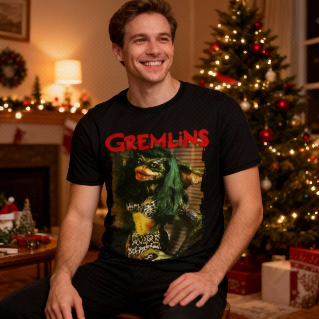 Man wearing Gremlins Christmas shirt in festive setting