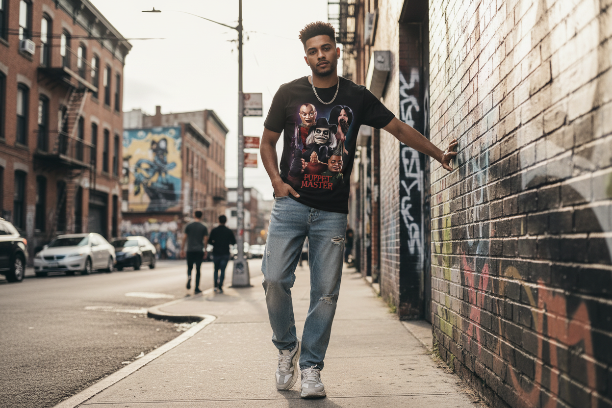 Man wearing Puppet Master t-shirt in urban street setting