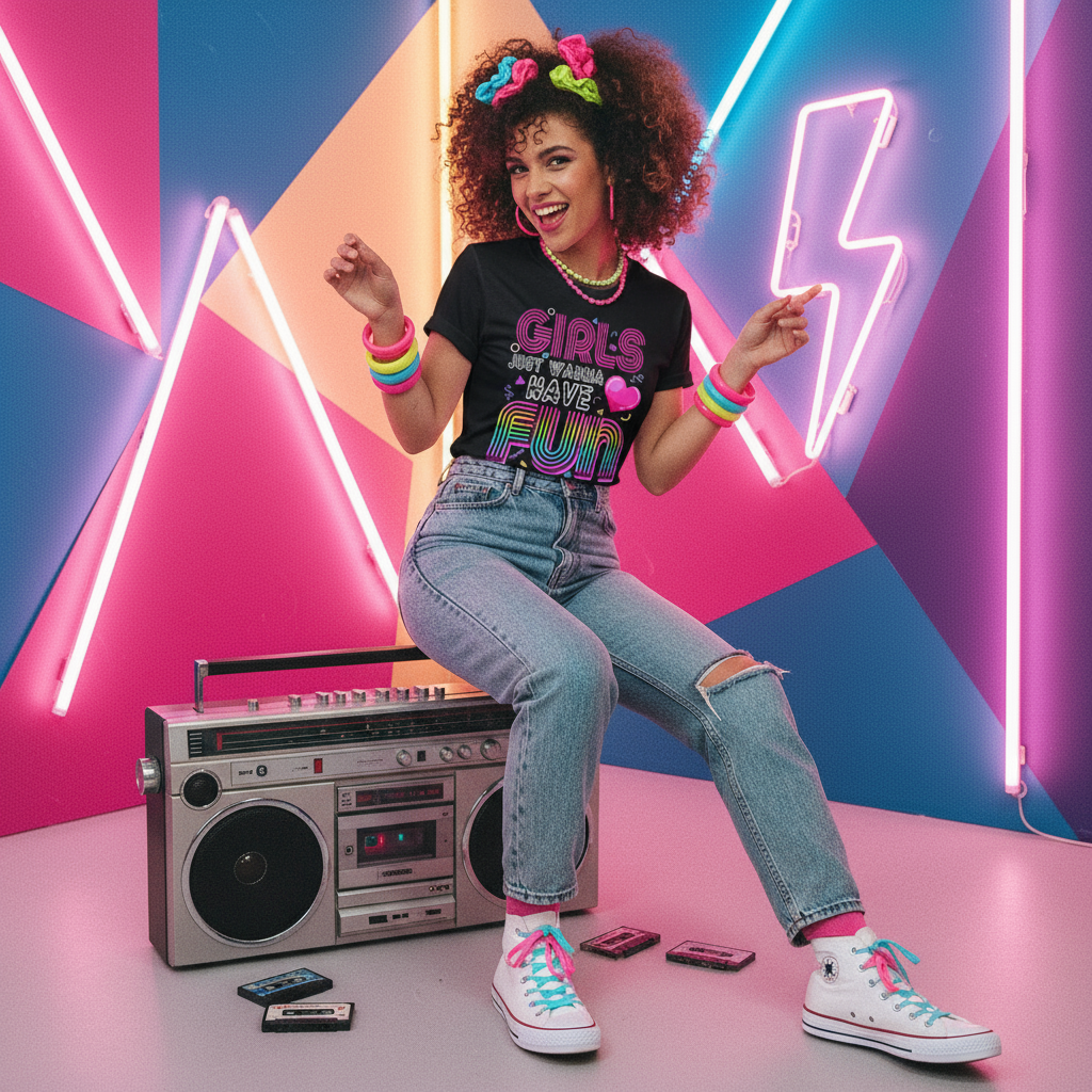 Model wearing 80s tee with accessories