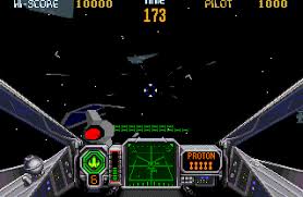 Vintage video game screen with cockpit view and space background. Star Wars 32X CrebbaTECH: RETROVERSE