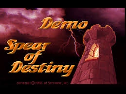 Title screen of 'Spear of Destiny' demo with a castle and lightning effect on a dark background.