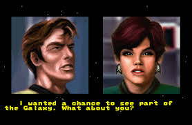 Two characters from a video game with text overlay on a black background. Star Trek Starfleet Academy Starship Bridge Simulator Reproduction Cartridge CrebbaTECH: RETROVERSE