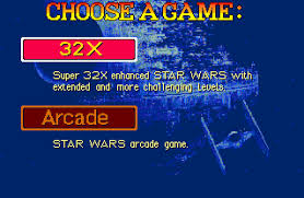 Menu screen from a Star Wars arcade game with '32X' and 'Arcade' options on a blue background.