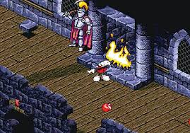 Pixel art scene from a video game with a knight, fireplace, and characters in a dungeon. Spot Goes to Hollywood Prototype Reproduction Cartridge CrebbaTECH:RETROVERSE