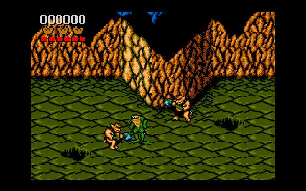 Vintage video game screen with characters and landscape. Battletoads - CrebbaTECH: RETROVERSE