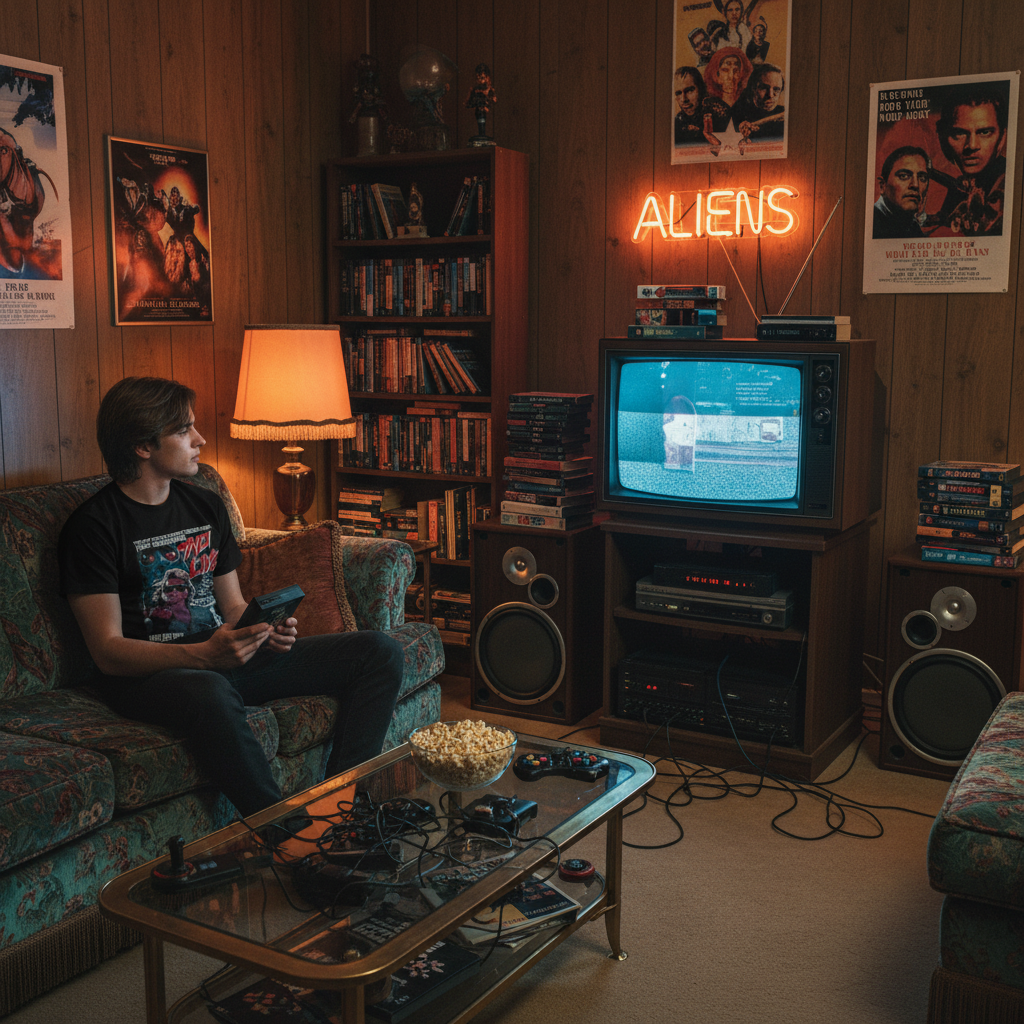 80s living room with VHS collection