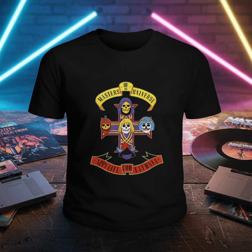 Black t-shirt with colorful graphic design featuring 'Masters of the Universe' and 'Appetite for Eternia' text. 80s Memorabilia Flatlay