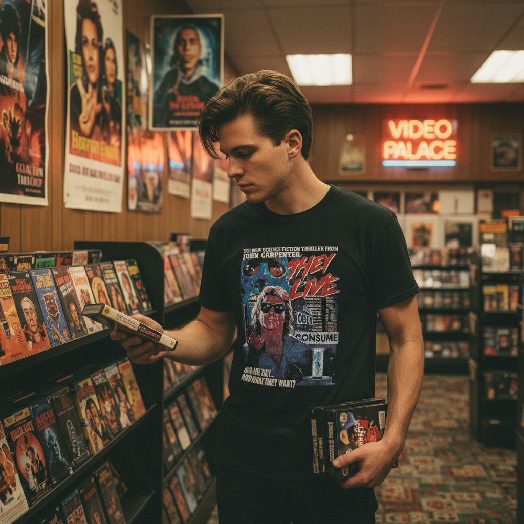 80s video store with horror posters