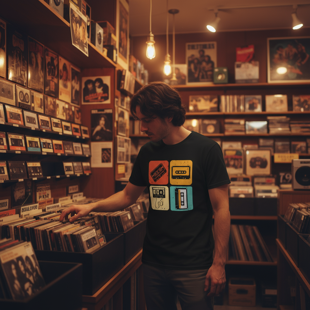 Vintage Summer Camp T-Shirt - Retro 70s 80s Outdoor Tee - Record Shop Setting