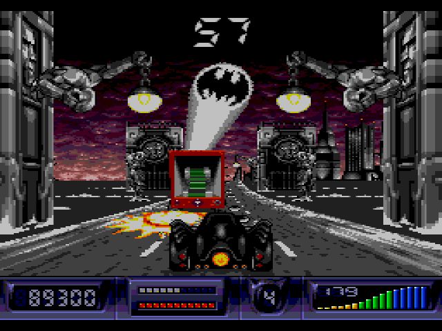 Vintage video game screen with a car racing through a cityscape at night. Batman Returns Sega CD Screenshot - CrebbaTECH: RETROVERSE