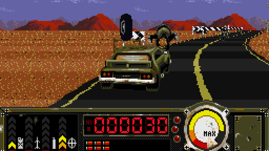 Pixelated video game scene with a car racing on a desert road. Outlander - SNES Compatible - CrebbaTECH: RETROVERSE