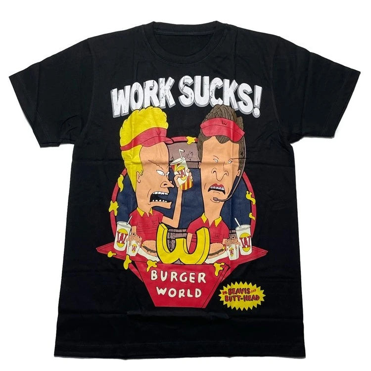 Beavis and Butt-Head Work Sucks Burger World T-Shirt - 90s Retro MTV Cartoon Tee - Premium Cotton Unisex