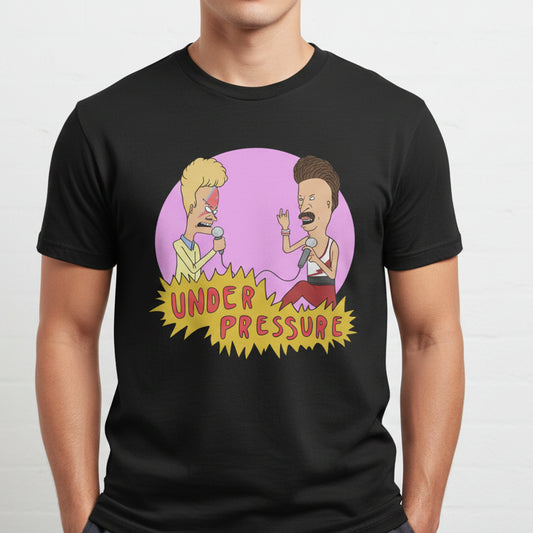 Black t-shirt with cartoon graphic and 'Under Pressure' text on a white background