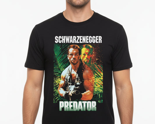 Black t-shirt with 'Predator' movie graphic featuring Arnold Schwarzenegger.