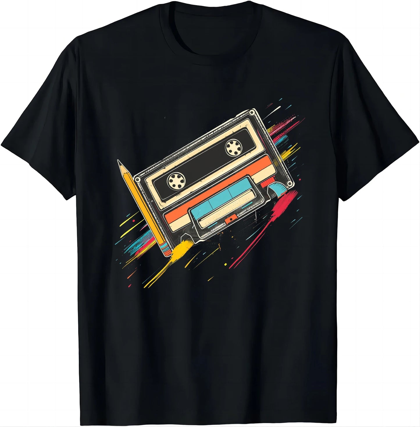 80s Cassette Tape Pencil T-Shirt - Retro 1980s Music Vintage Throwback Tee