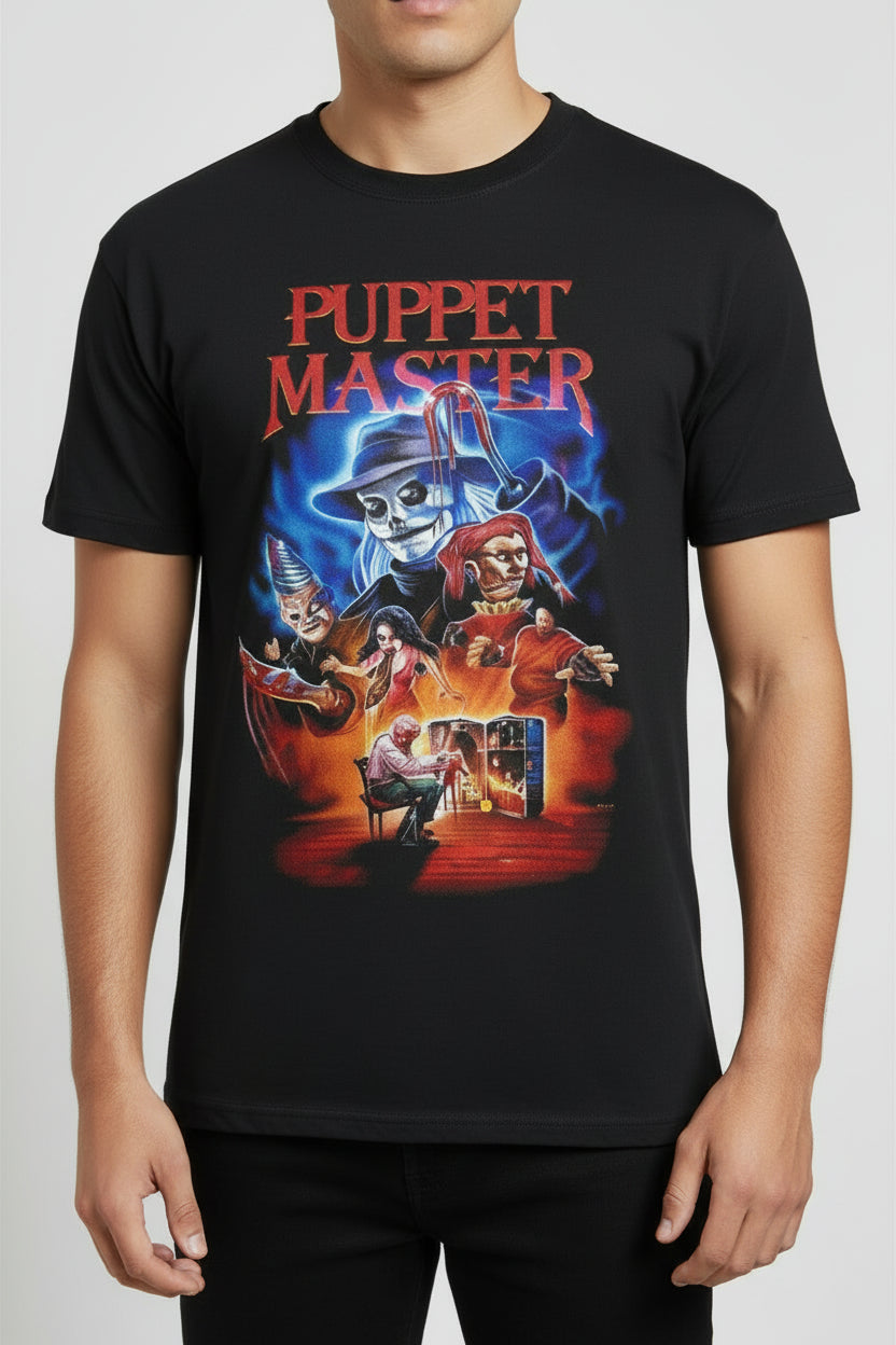 Black t-shirt with 'Puppet Master' graphic design on a white background