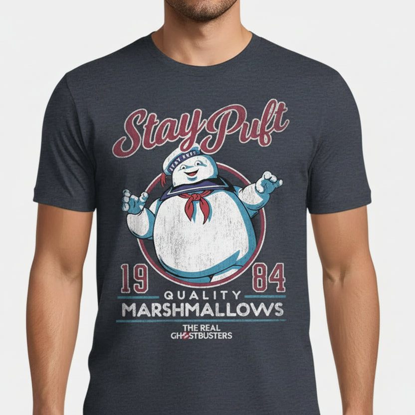 Gray t-shirt with 'Stay Puft' graphic and text on a white background