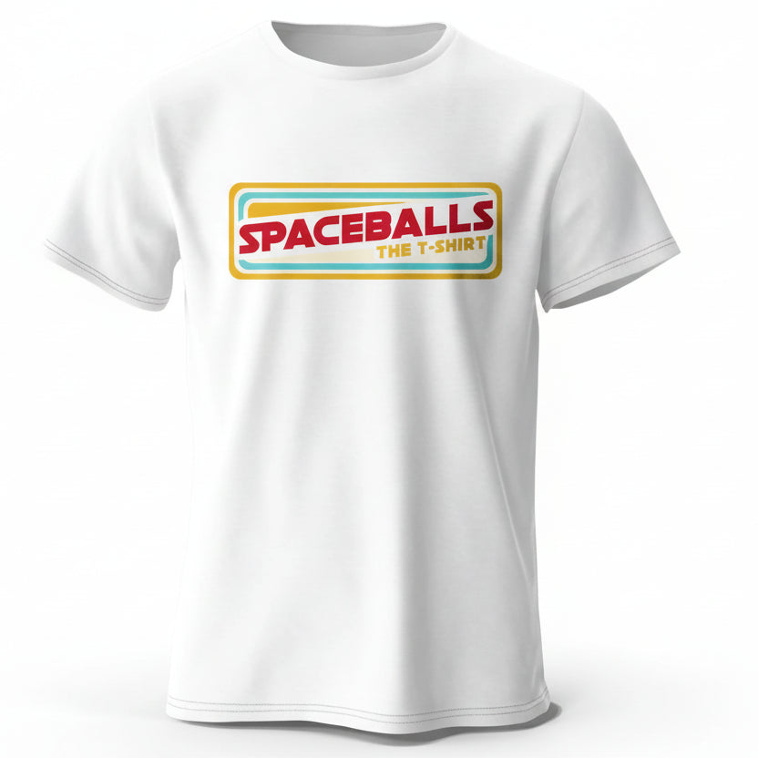 White t-shirt with 'Spaceballs' logo on a white background