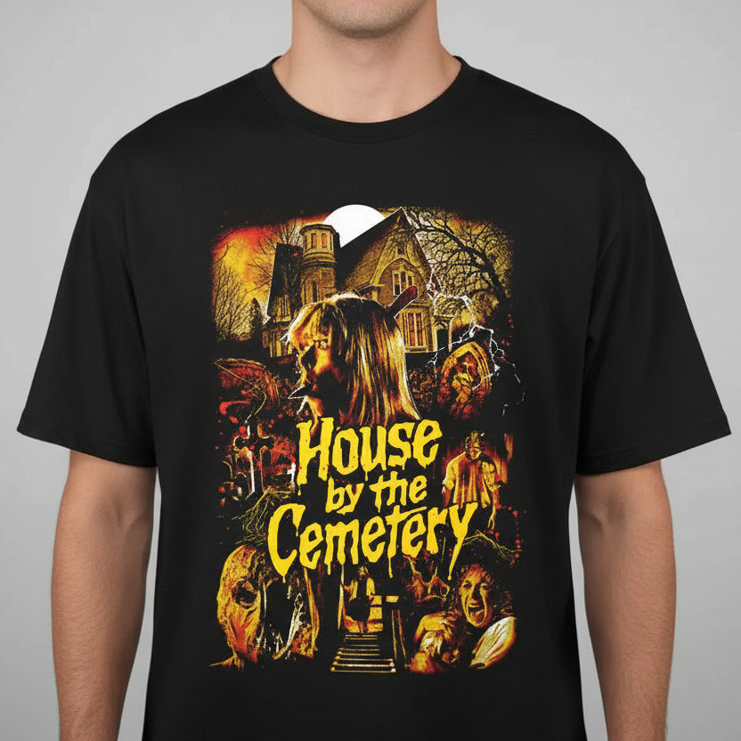 Black t-shirt with 'House by the Cemetery' graphic design on a white background