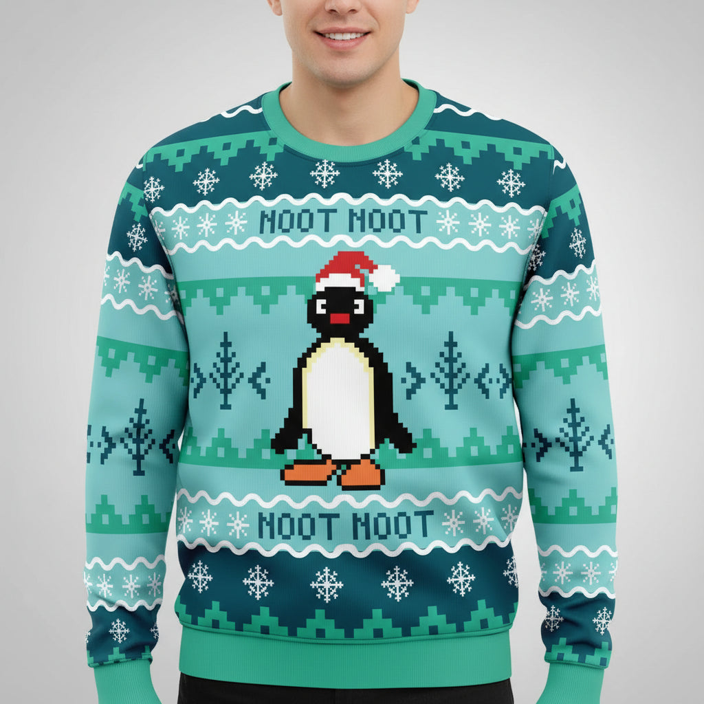 Christmas sweater with penguin design and 'NOOT NOOT' text on a white background