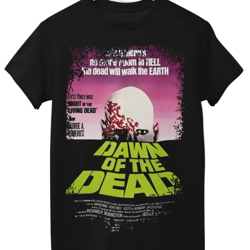 Black t-shirt with 'Dawn of the Dead' movie poster design on a beige background