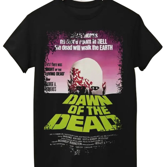 Black t-shirt with 'Dawn of the Dead' movie poster design on a beige background