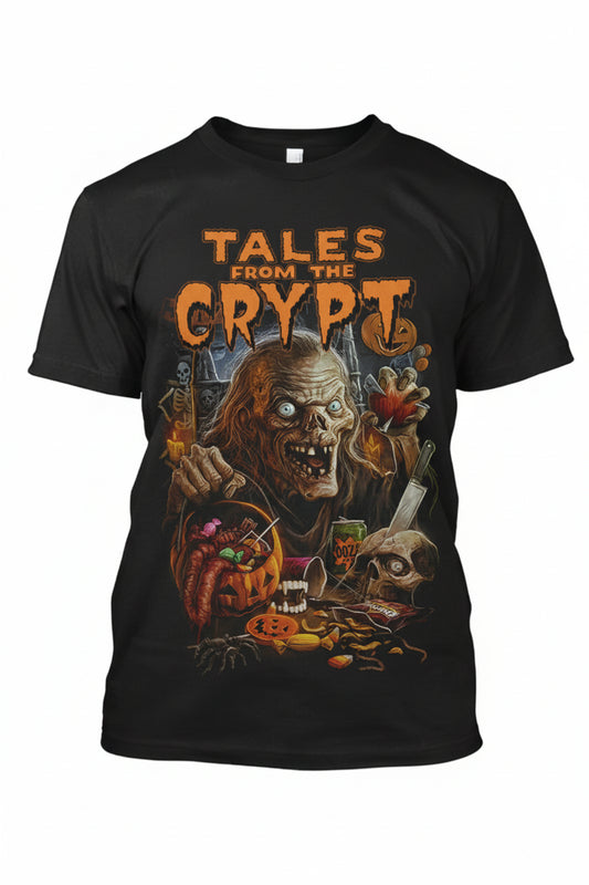 Black t-shirt with 'Tales from the Crypt' graphic design featuring a zombie holding a candle.