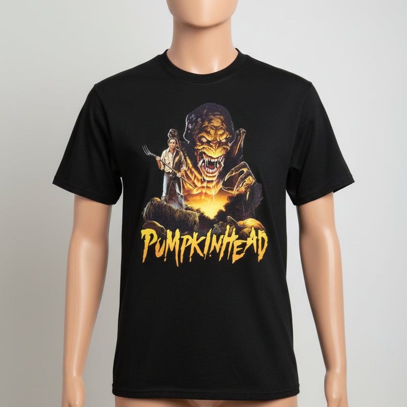 Black t-shirt with 'Pumpkinhead' graphic design on a yellow background