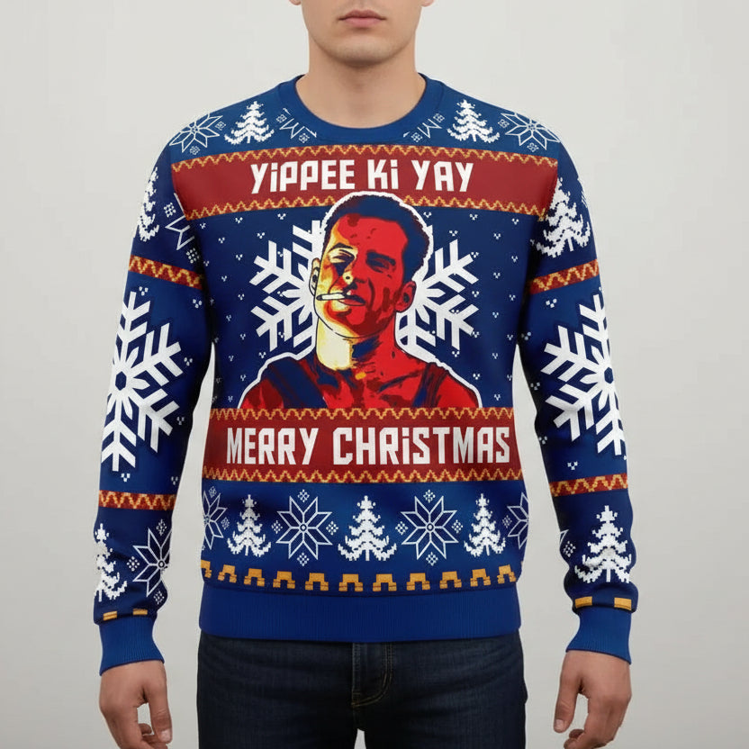 Ugly Die Hard Christmas sweater with a colorful design and text on a white background