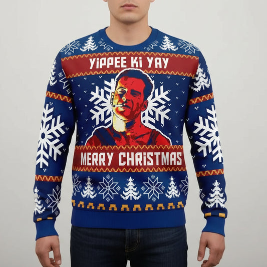 Ugly Die Hard Christmas sweater with a colorful design and text on a white background