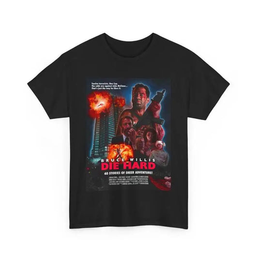 Black t-shirt with 'Die Hard' movie poster design featuring Bruce Willis.