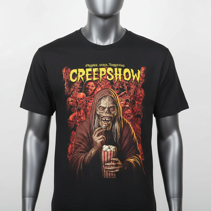 Black t-shirt with Creepshow graphic design featuring a hooded figure with popcorn and skeletons.