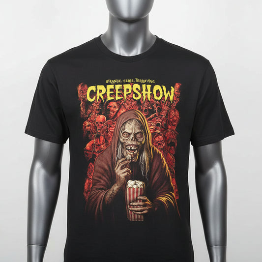 Black t-shirt with Creepshow graphic design featuring a hooded figure with popcorn and skeletons.