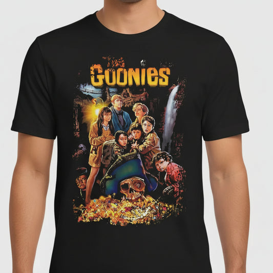 Black t-shirt with 'The Goonies' movie poster design featuring characters and skull.