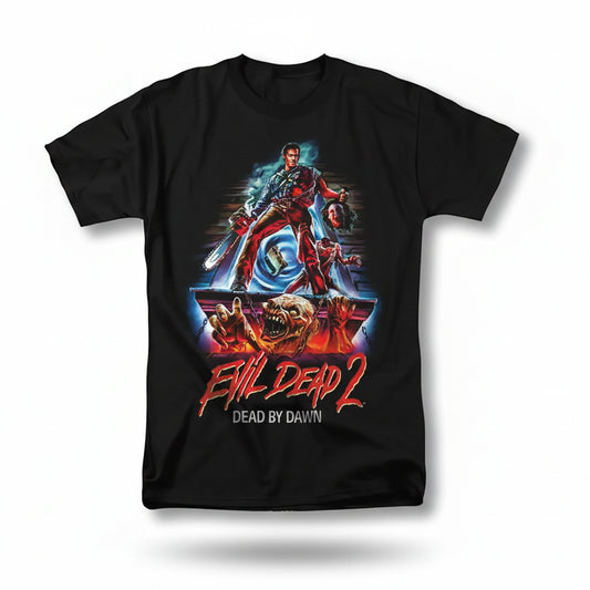 Black t-shirt with 'Evil Dead 2' graphic design on a white background
