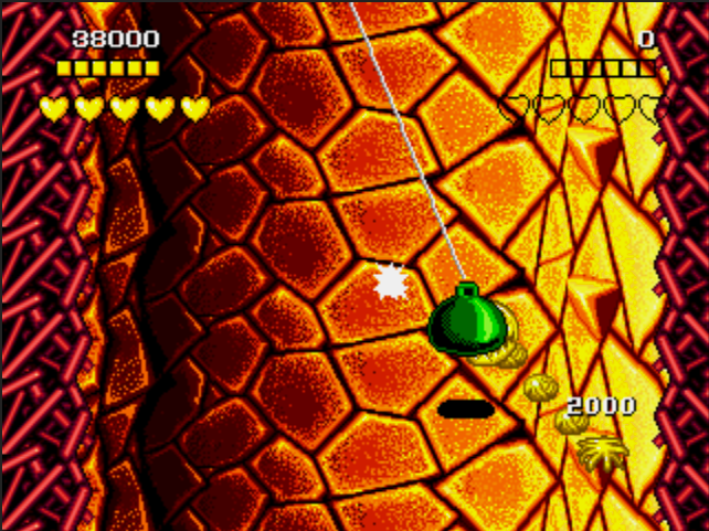 Game screen with a character on a textured platform, health hearts, and score display. Battletoads - CrebbaTECH: RETROVERSE