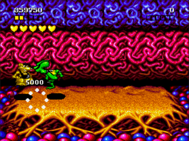 Video game screen with a character standing on a platform surrounded by colorful enemies and obstacles. Battletoads - CrebbaTECH: RETROVERSE