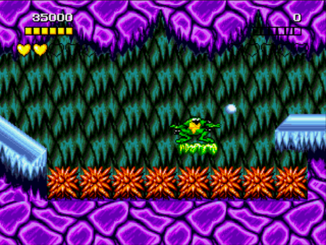 Video game screen with a character in a purple and green environment. Battletoads - CrebbaTECH: RETROVERSE