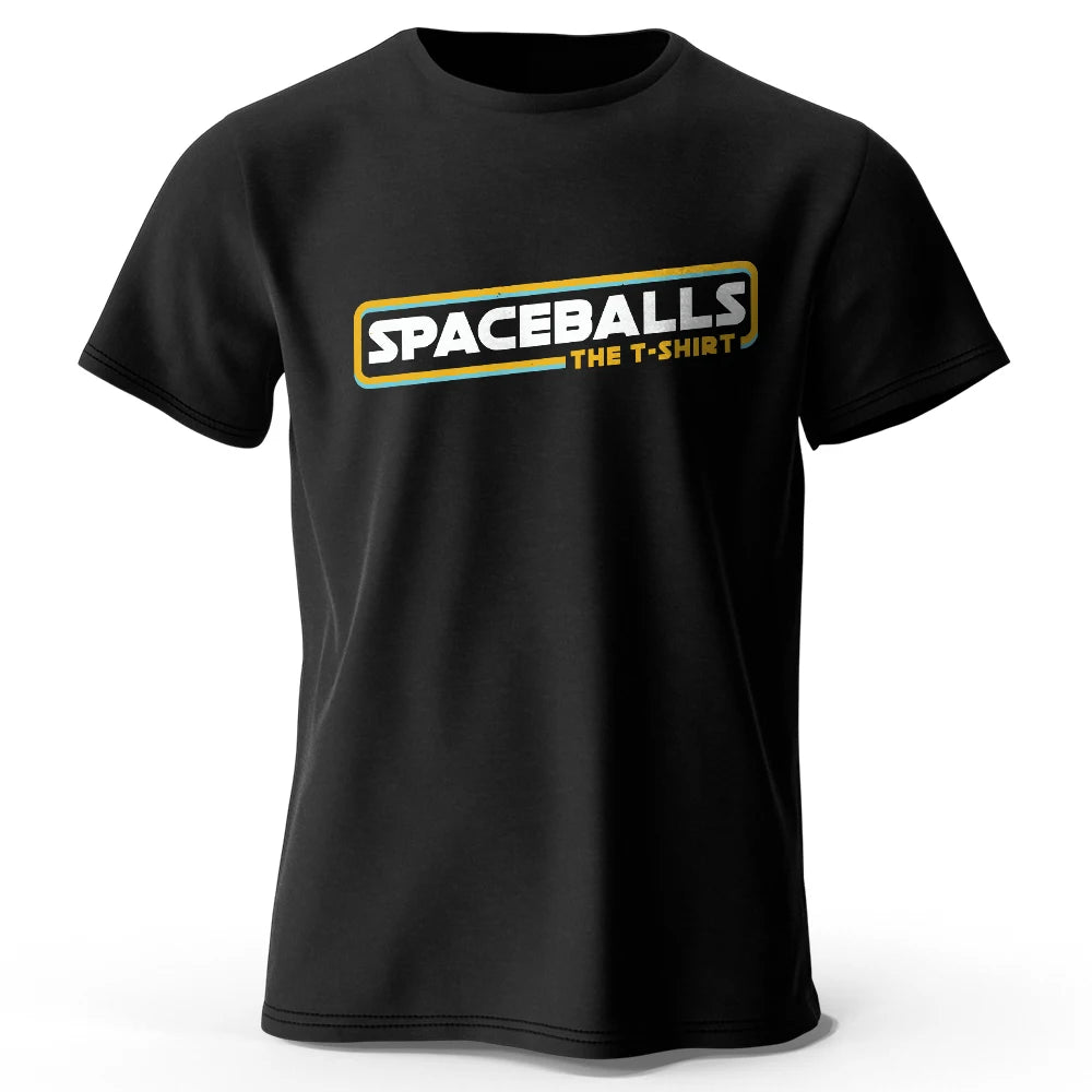 Black t-shirt with 'Spaceballs The T-Shirt' logo on a white background